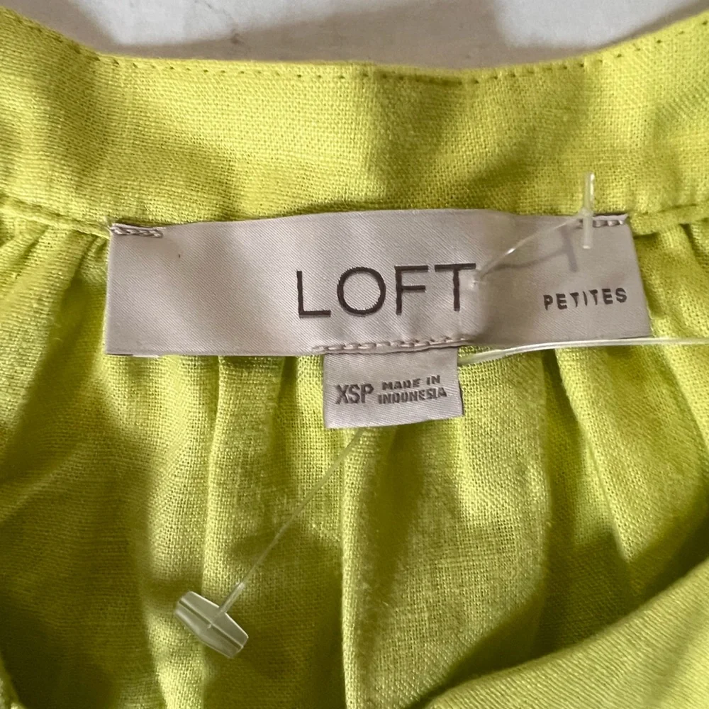 Loft  Boho Women’s Lemon Green XSP Tie Neck Short Puff Sleeve  Blouse